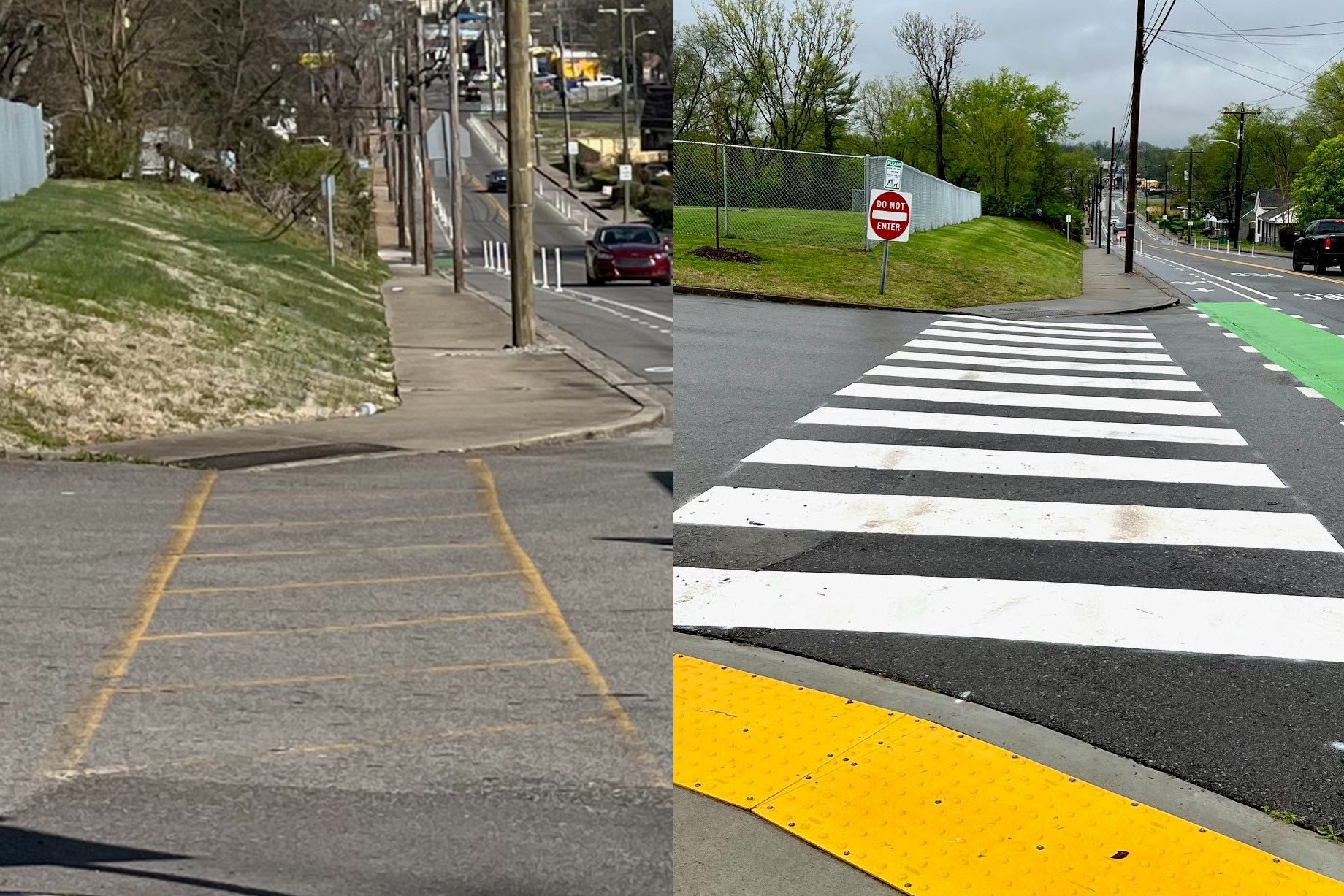 A before and after picture of a remodeled pedestrian crosswalk.